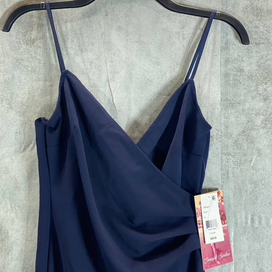 EMERALD SUNDAE Juniors' Navy Surplice V-Neck High-Slit Adjustable Straps Gown