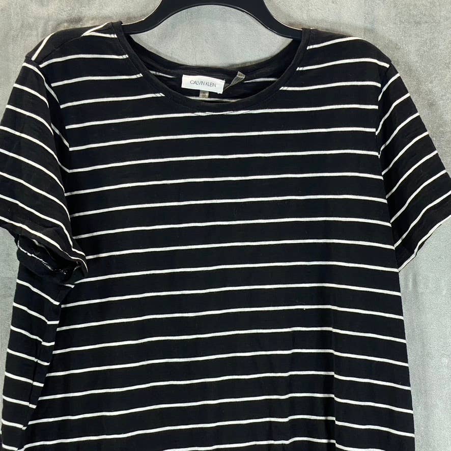 CALVIN KLEIN Women's Black Striped Crewneck Tie-Waist Short-Sleeve Top SZ XL