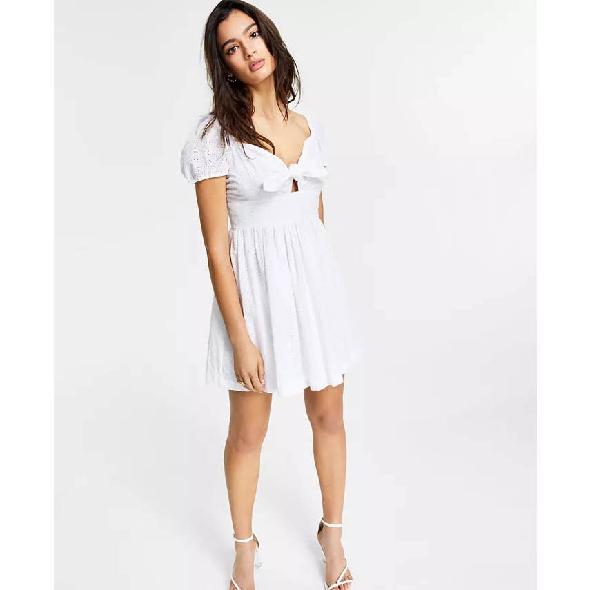 BAR III Women's Bright White Sweetheart Tie-Neck Eyelet Puff-Sleeve Dress SZ 6