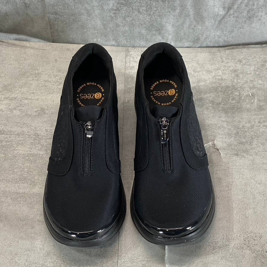 BZEES Women's Black Leopard Twill Fabric Florence Front-Zip Slip-On Sneaker SZ10