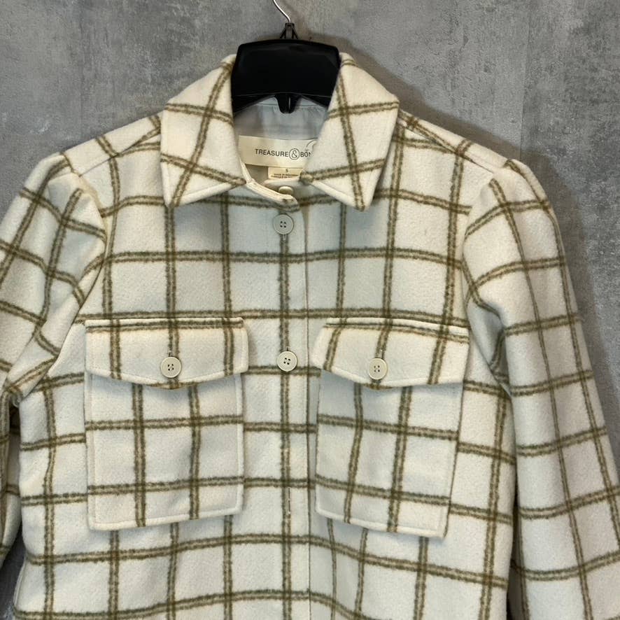 TREASURE & BOND Women's Ivory Carsonpane Plaid Puff Sleeve Shirt Jacket SZ S