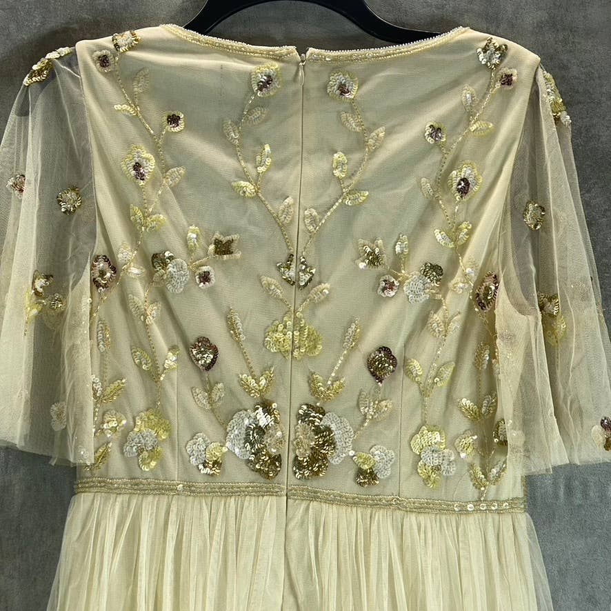 ADRIANNA PAPELL Women's Sandshell Beaded Mesh Short Elbow Sleeve Tulle Gown SZ6