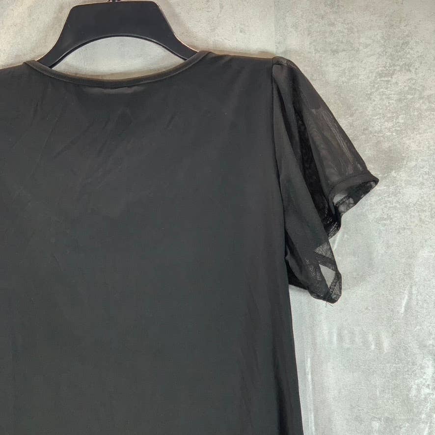 NY COLLECTION Women's Black Mesh Studded Embellished Flutter Sleeve Top SZ M