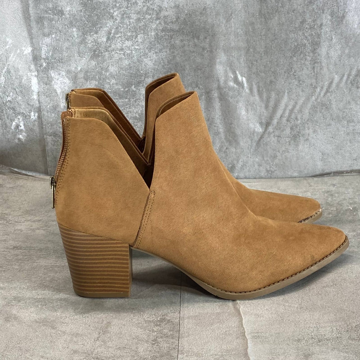 SUN+STONE Women's Tan Microsuede Elizaa Back-Zip Block-Heel Ankle Bootie SZ 10