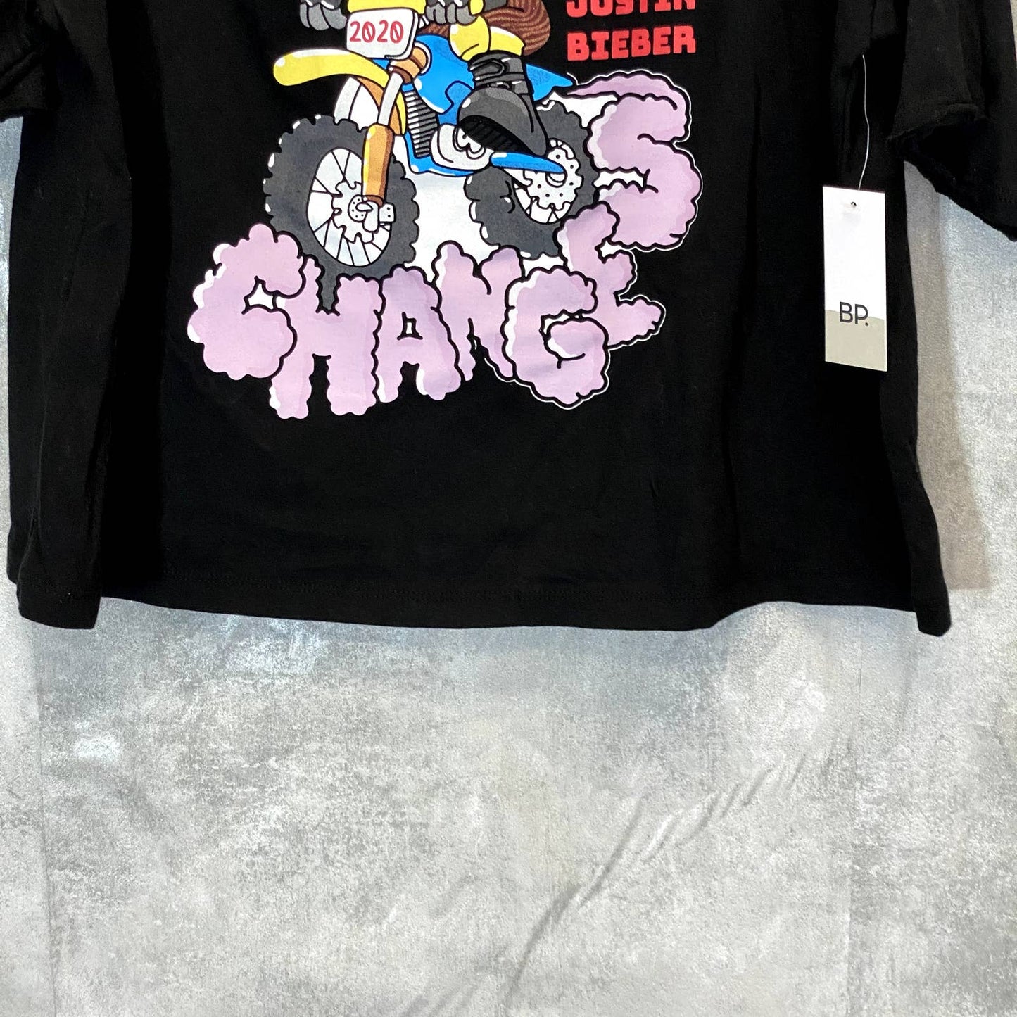 BP. Women's Black Justin Changes Bieber Graphic Crewneck Crop Short Sleeve Tee SZ L
