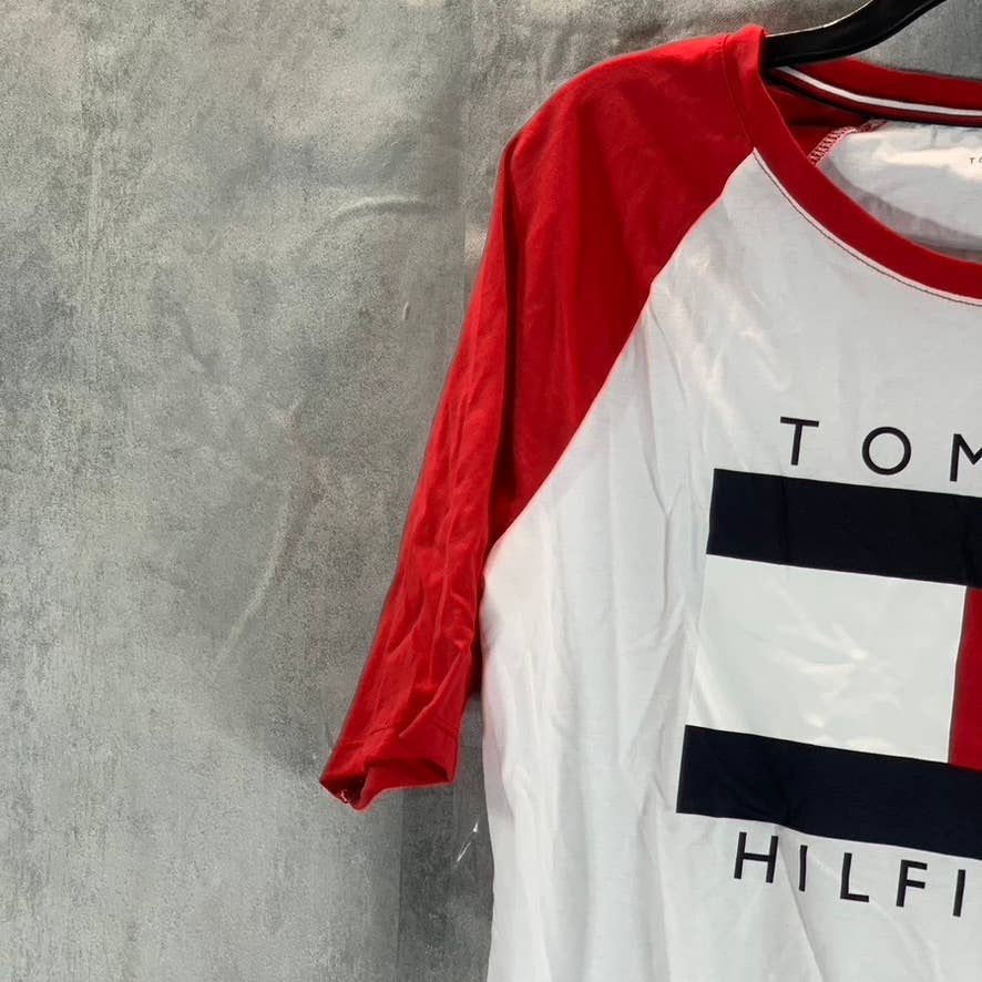 TOMMY HILFIGER Women's White-Scarlet Crewneck Raglan-Sleeve Graphic Top SZ S