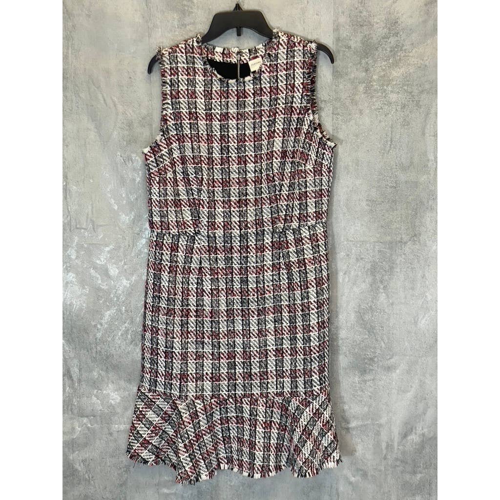 PLEIONE Women's Black/Red Tweed Printed Frayed Trim Sleeveless Mini Bodycon Dress SZ L
