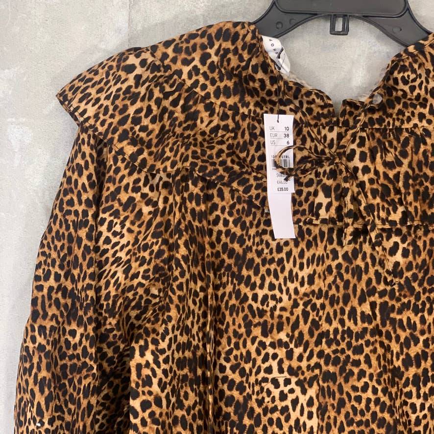 TOPSHOP Leopard Animal Print Yoke Poplin Long Sleeve Blouse SZ 6
