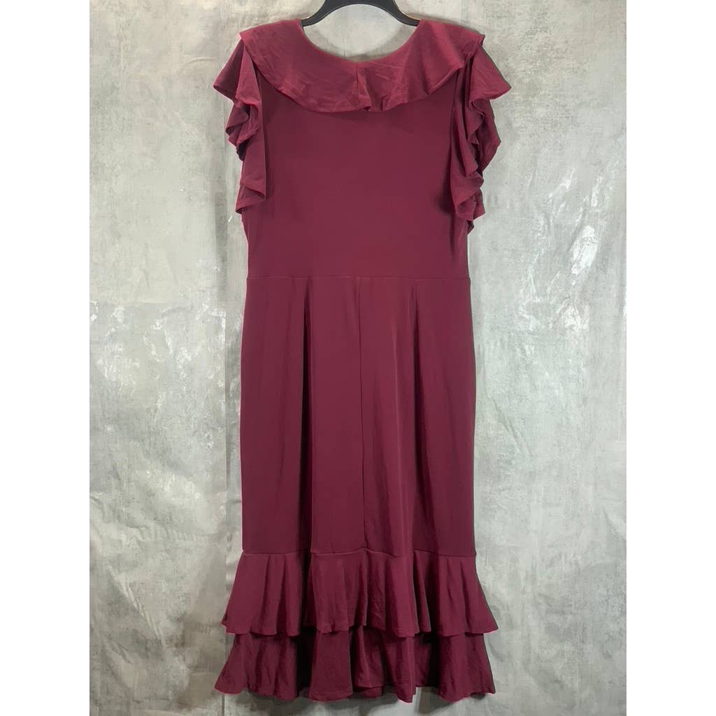 NY COLLECTION Women's Deep Burgundy Ruffle Faux-Wrap Flutter Sleeve Midi Dress L