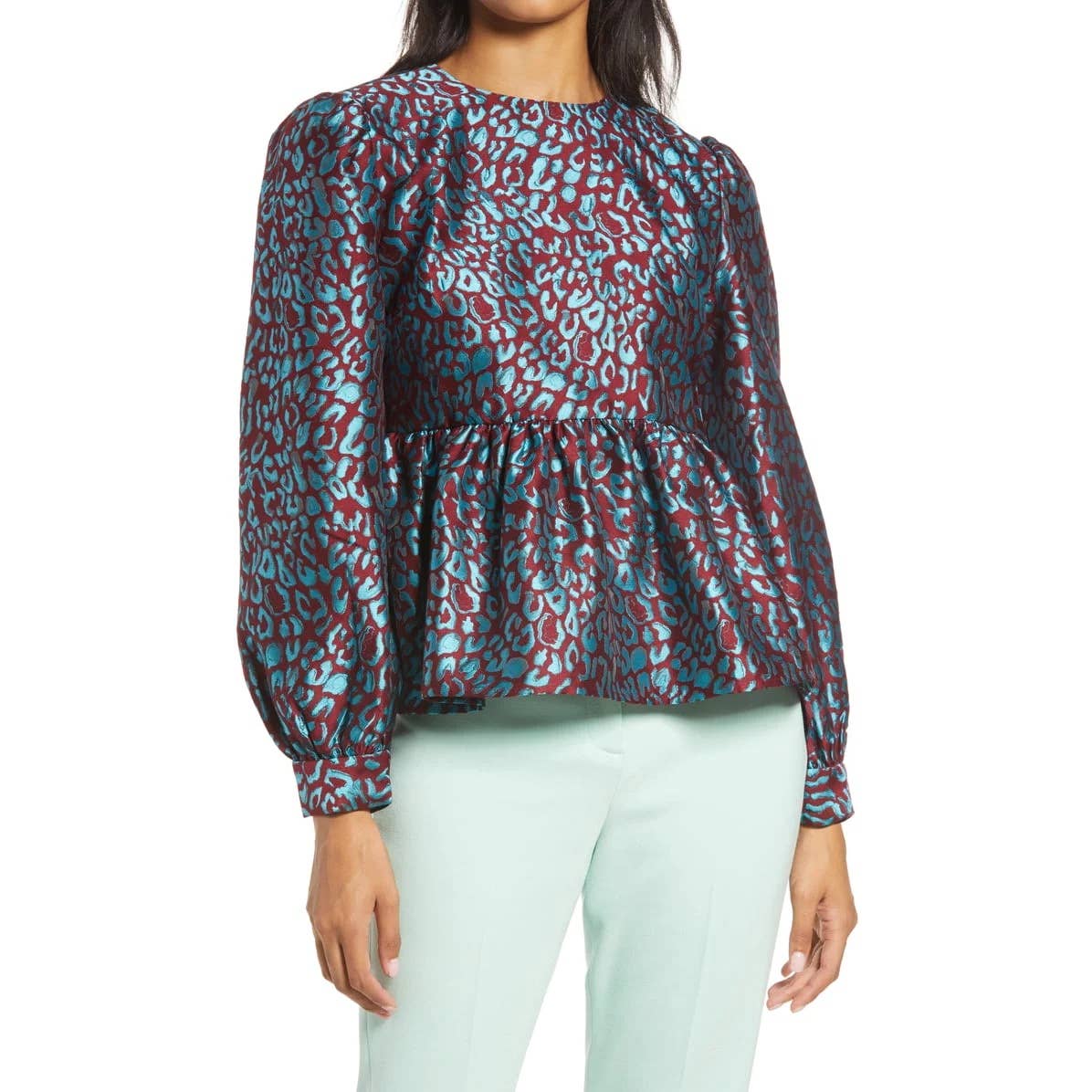 HALOGEN X ATLANTIC-PACIFIC Women's Teal/Maroon Leopard Jacquard Long Sleeve Top SZ M