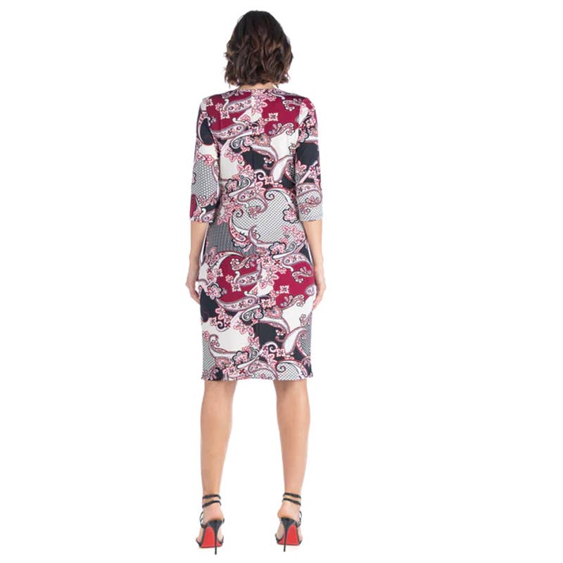 24SEVEN Comfort Apparel Women's Burgundy Printed Faux-Wrap 3/4 Sleeve Dress SZ M
