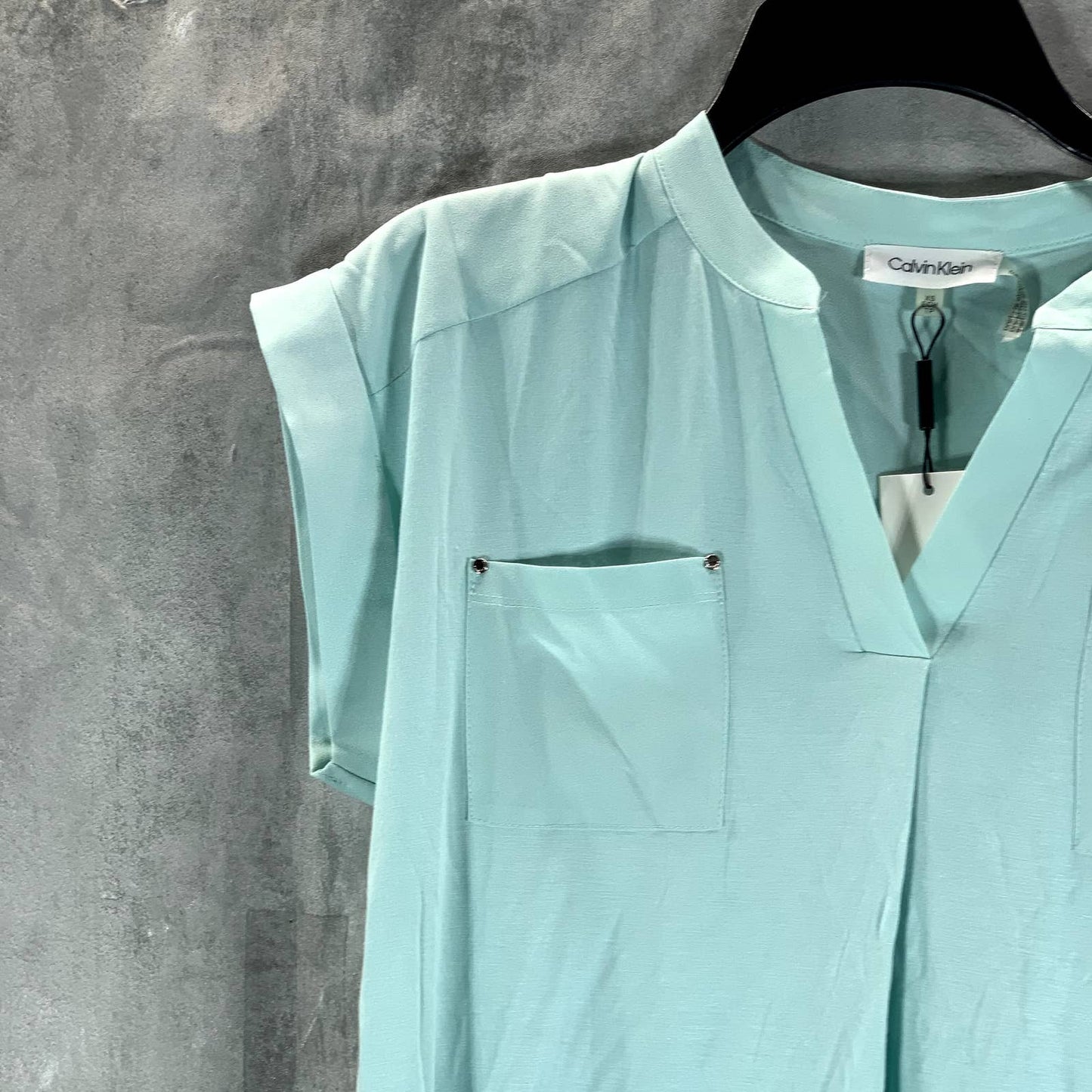 CALVIN KLEIN Women's Seaspray V-Neck Mixed-Texture Short Sleeve Top SZ XS