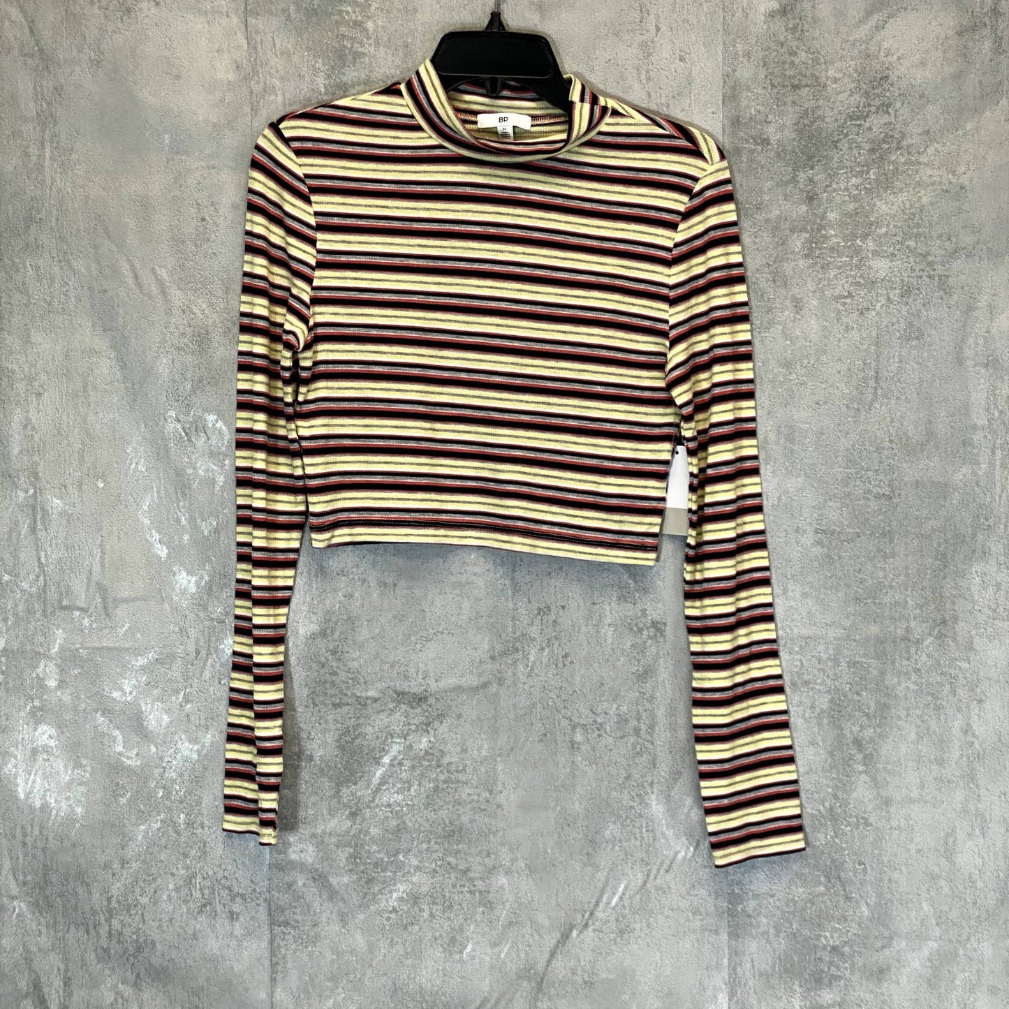 BP. Women's Yellow Multi Stripe Ribbed Mock Neck Long Sleeve Crop Top SZ M