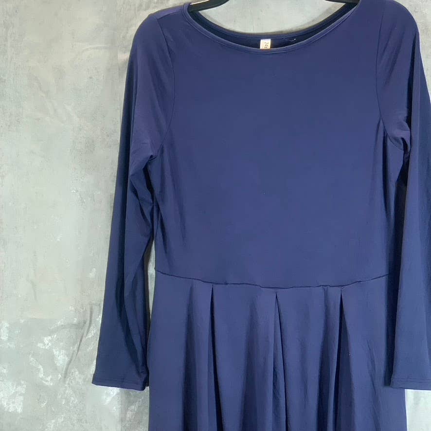 24SEVEN COMFORT APPAREL Women's Navy Round-Neck Long-Sleeve Fit & Flare Midi Dress SZ M