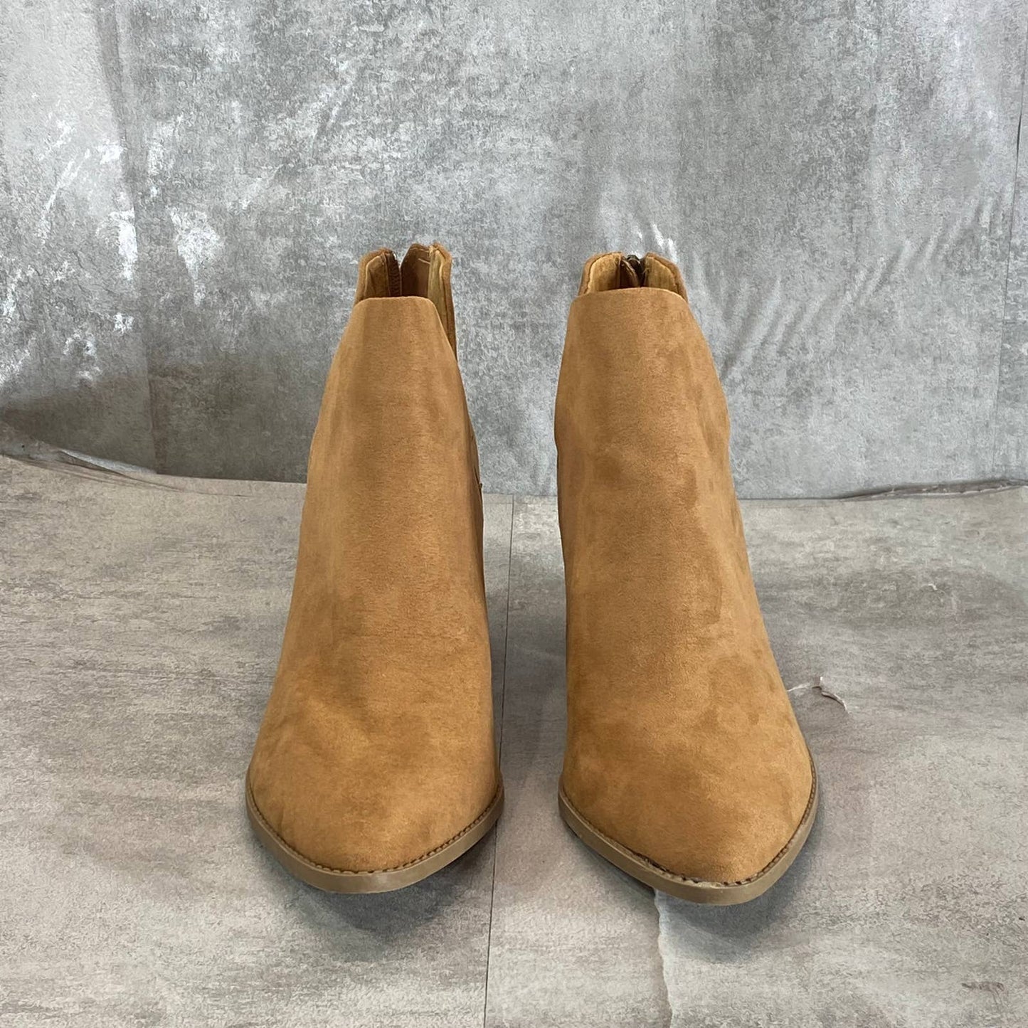 SUN+STONE Women's Tan Microsuede Elizaa Back-Zip Block-Heel Ankle Bootie SZ 10