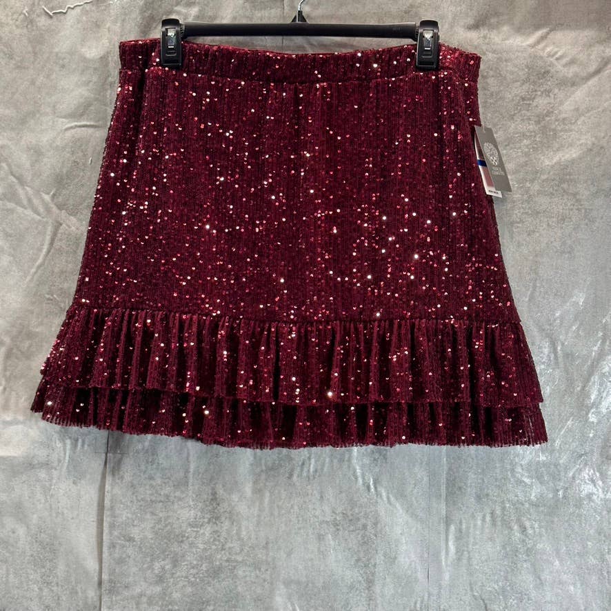 VINCE CAMUTO Women's Dark Wine Ruffled Sequin Embellished Mini Skirt SZ XL