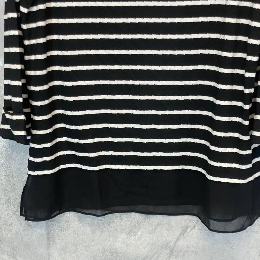VINCE CAMUTO Women's Rich Black Striped 3/4 Sleeve Boatneck Sheer Hem Top SZ M
