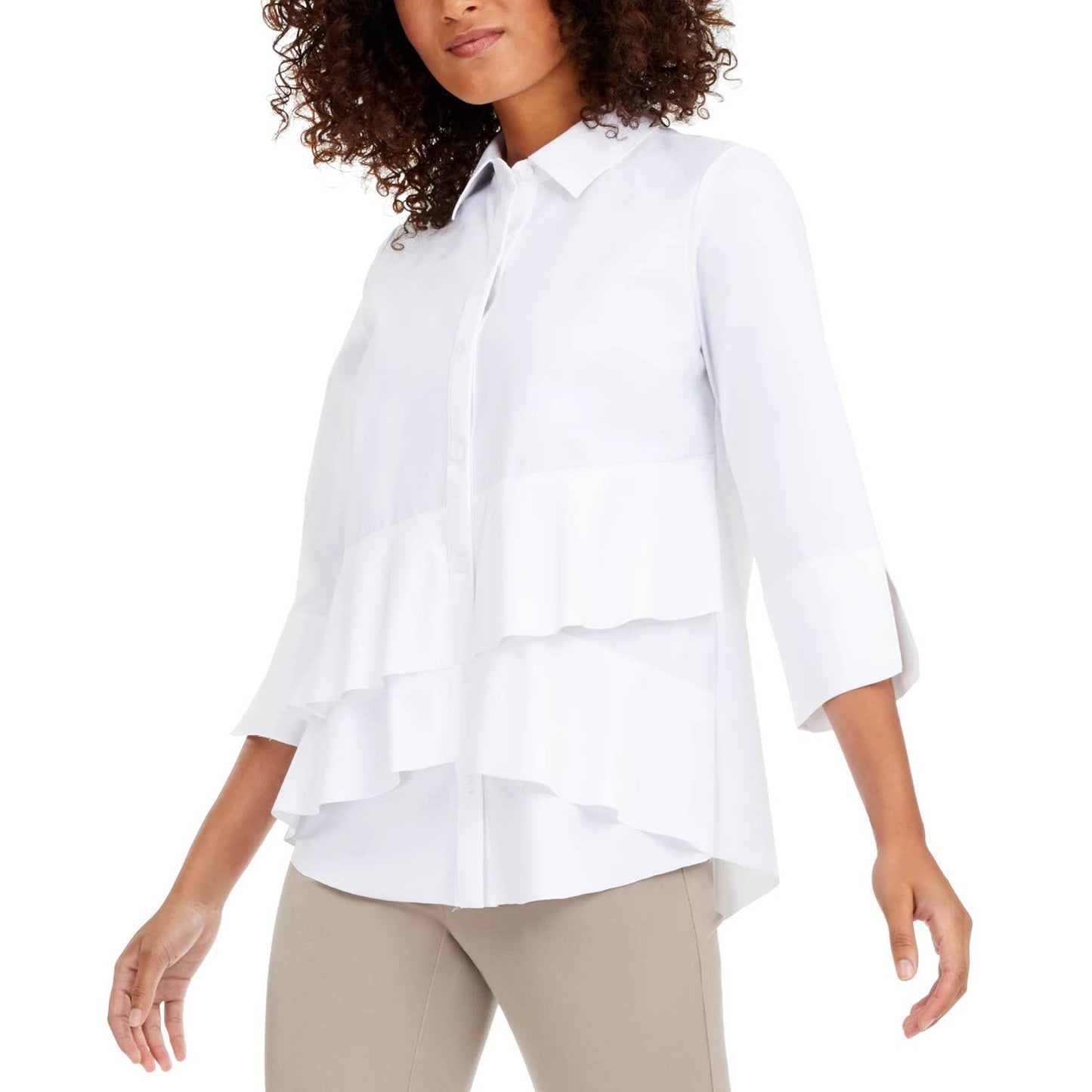 ALFANI White Tiered Hem Button Down 3/4 Sleeve Top SZ S