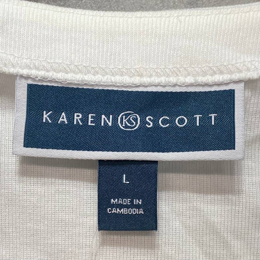 KAREN SCOTT Solid White Cuffed Elbow Sleeve Boatneck Top SZ L
