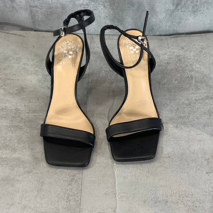 VINCE CAMUTO Women's Black Leather Saprenda Square-Toe High-Heel Sandals SZ 7.5
