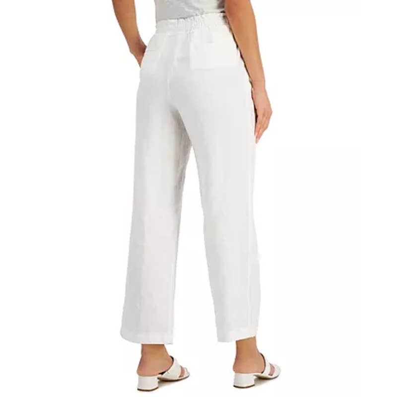 CHARTER CLUB Women's Bright White Linen Pull-On Straight-Leg Pants SZ L