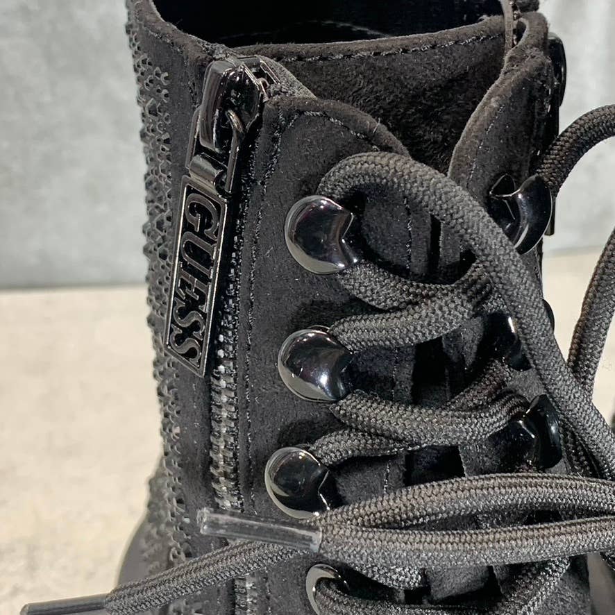 GUESS Women's Black Rhinestone Embellished Ferine Combat Lace-Up Boots SZ 5.5