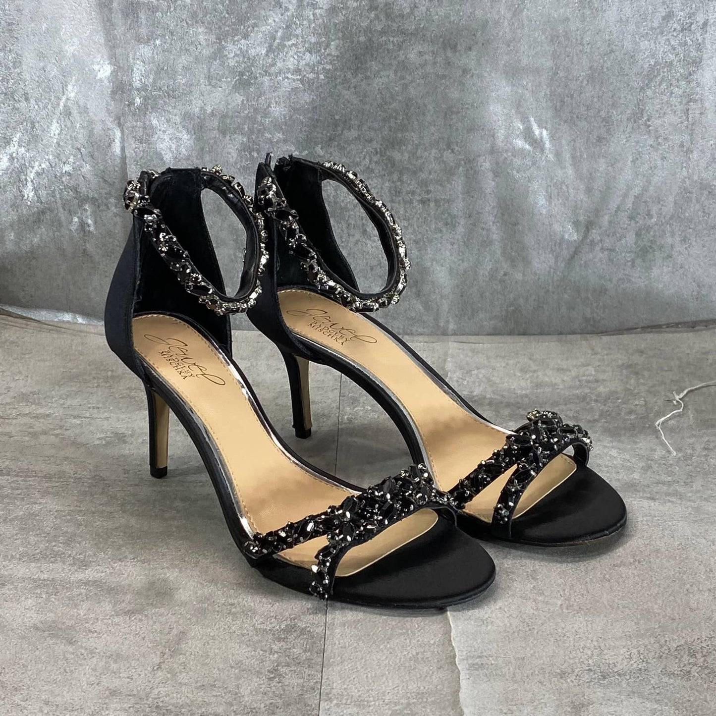 JEWEL BADGLEY MISCHKA Women's Black Caroline Embellished Evening Sandals SZ 7