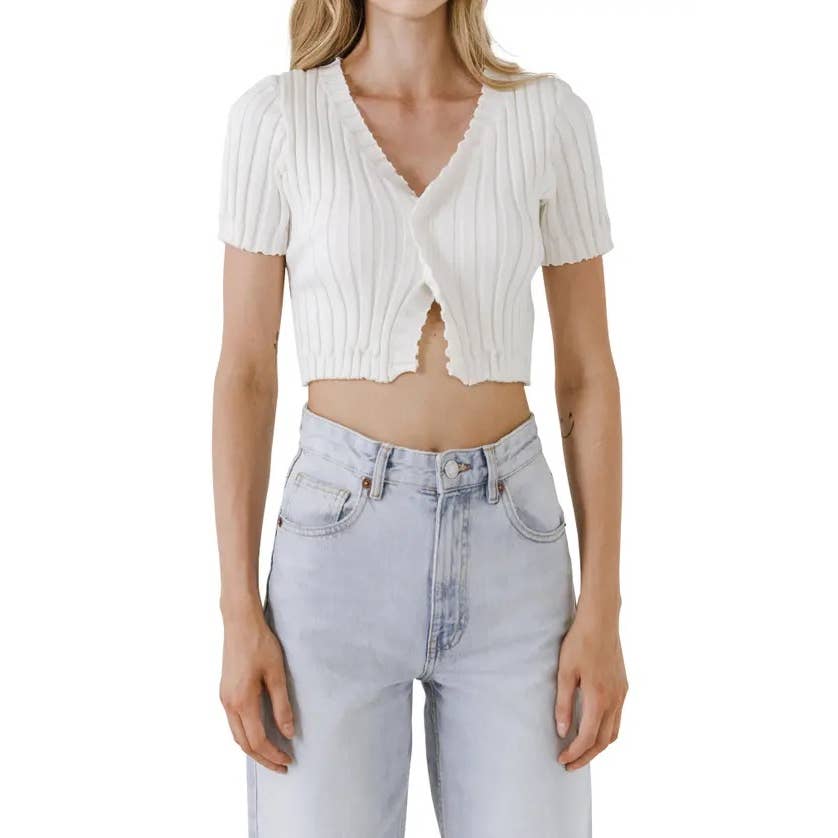 ENDLESS ROSE Women's White Ruffle Knit V-Neck Short Sleeve Crop Top SZ M