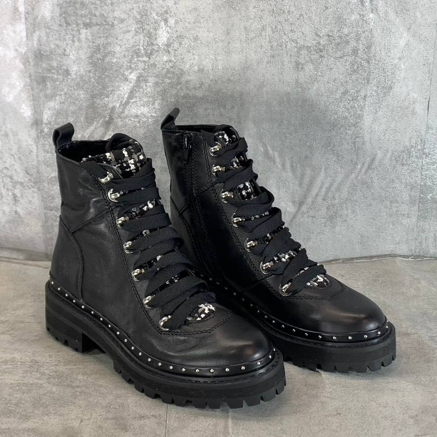 STEVE MADDEN Women's Black Leather Rainier Lace-Up Woven Lug-Sole Boots SZ 6.5