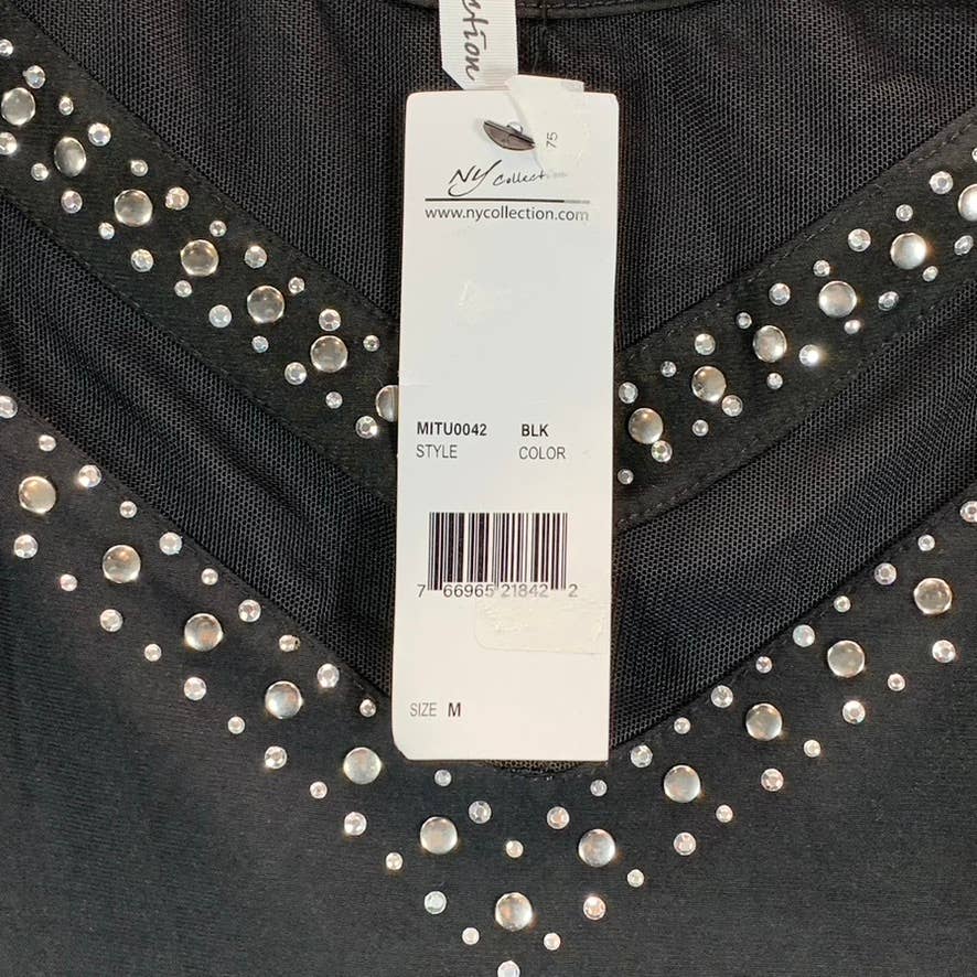 NY COLLECTION Women's Black Mesh Studded Embellished Flutter Sleeve Top SZ M