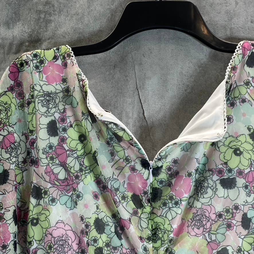 BCBGENERATION Women's Garden Printed Scoop-Neck Ruched Mesh Mini Dress SZ 14