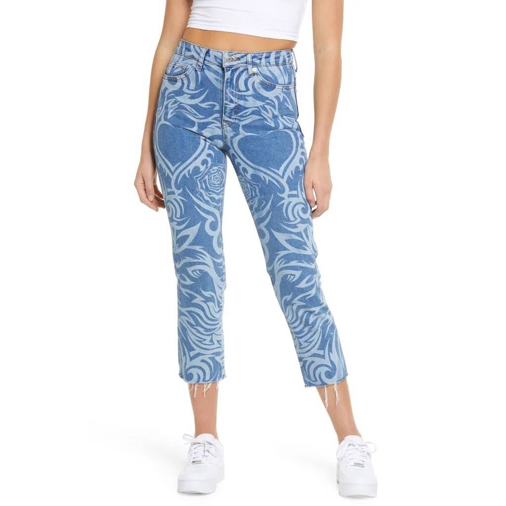 TOPSHOP Laser Print Raw Hem High Waist Crop Straight Leg Jeans SZ 4