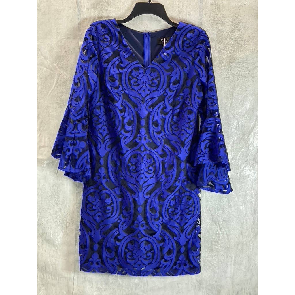MSK Women's Petite Blue Embroidered Mesh Overlay 3/4 Bell Sleeve Sheath Dress