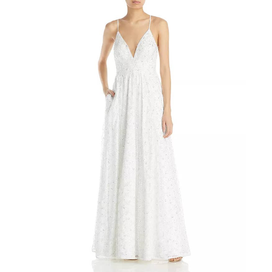 AIDAN By AIDAN MATTOX Women's Ivory Embroidered V-Neck Spaghetti Strap Ball Gown