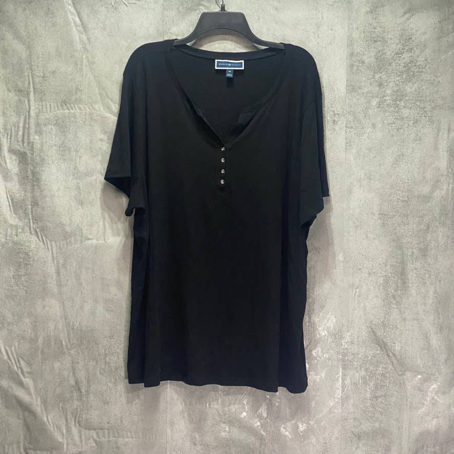 KAREN SCOTT Plus Size Solid Black Cotton Split Neck Short Sleeve Henley Top SZ 3X