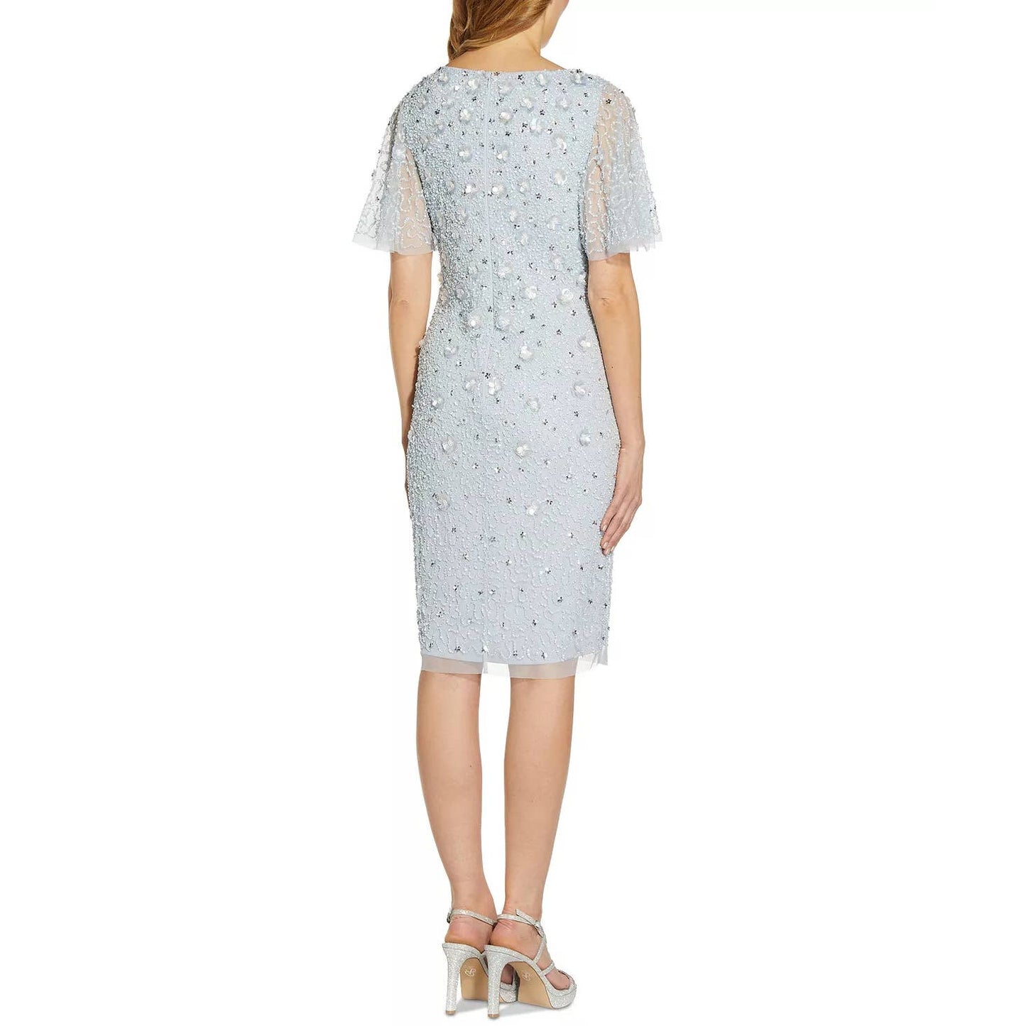 ADRIANNA PAPELL Women's Glacier Sequin Beaded V-Neck Flutter-Sleeve Dress SZ8