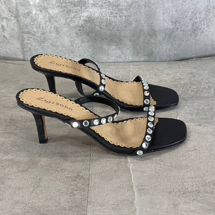 ZIGI SOHO Women's Black Lucy 2-Strap Rhinestone Square-Toe Sandals SZ 7.5