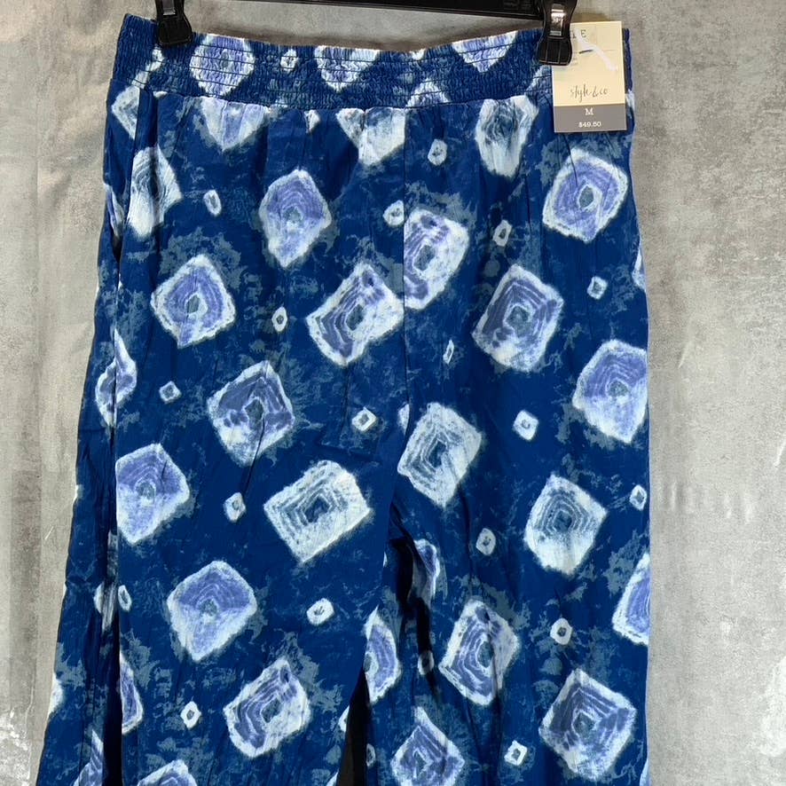 STYLE & CO Women's Blue Printed Mid-Rise Drawstring Wide-Leg Pull-On Pants SZ M