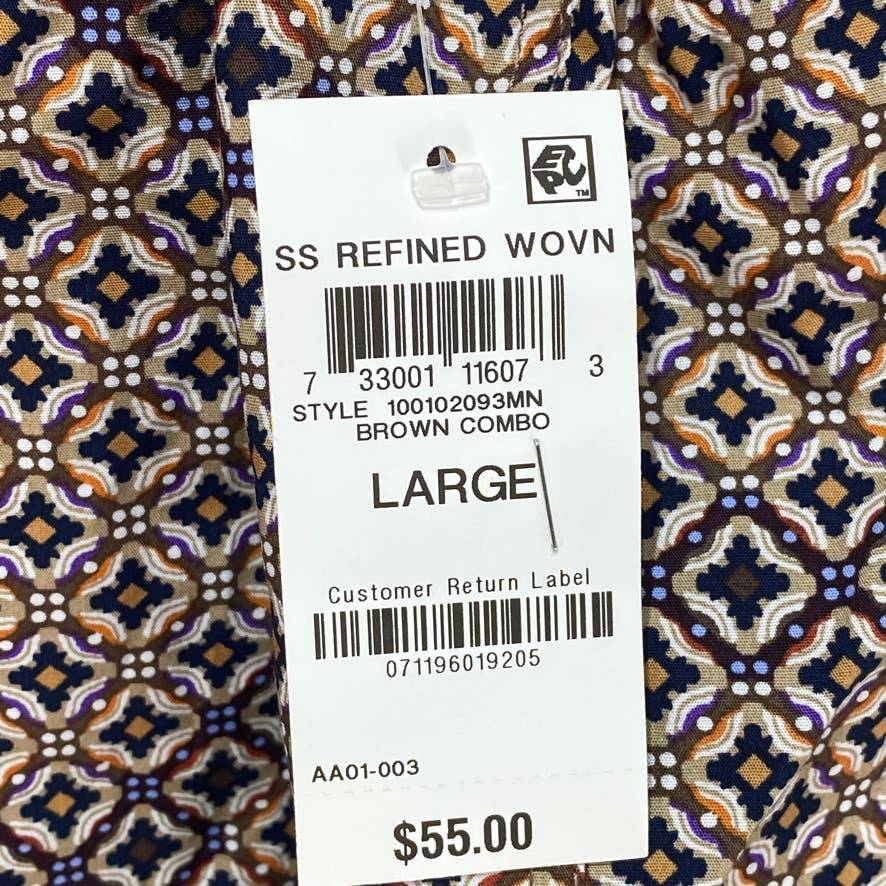 TASSO ELBA Brown Diamante Pattern Button Down Short Sleeve Shirt SZ L