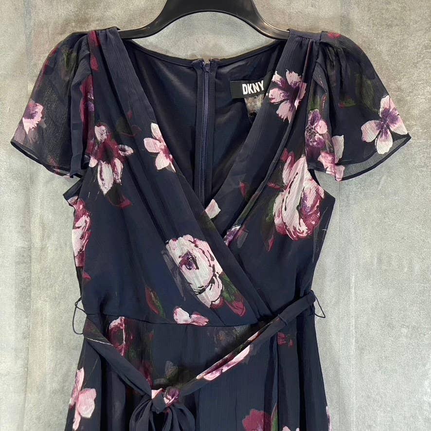 DKNY Women's Midnight Navy Flutter-Sleeve V-Neck Hi-Low Wrap Midi Dress SZ 4