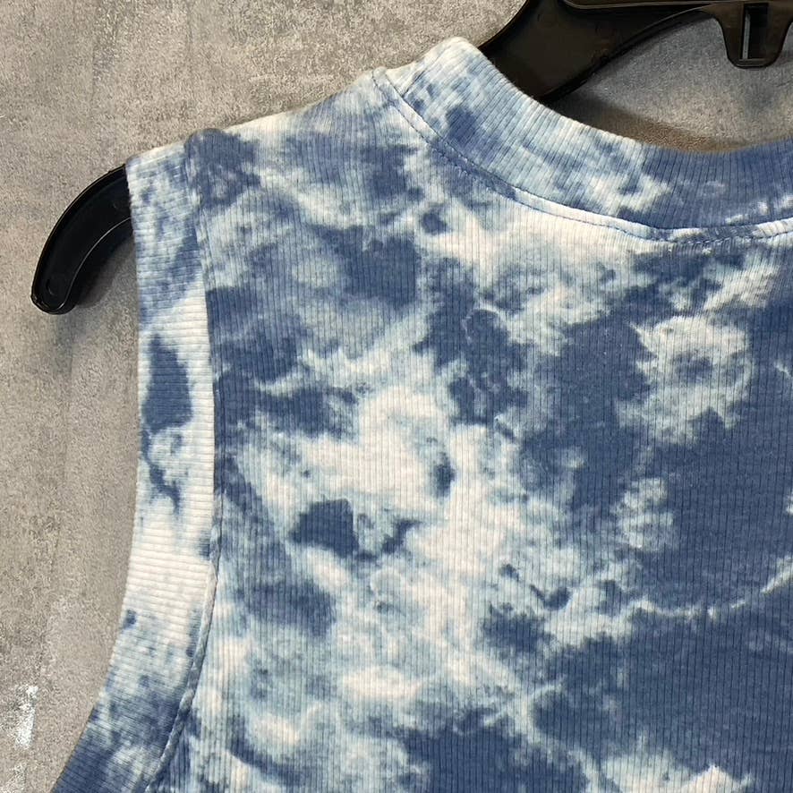 BOBEAU Women's Blue Tie-Dye Ribbed Knit Sleeveless Crewneck Mini Dress SZ M