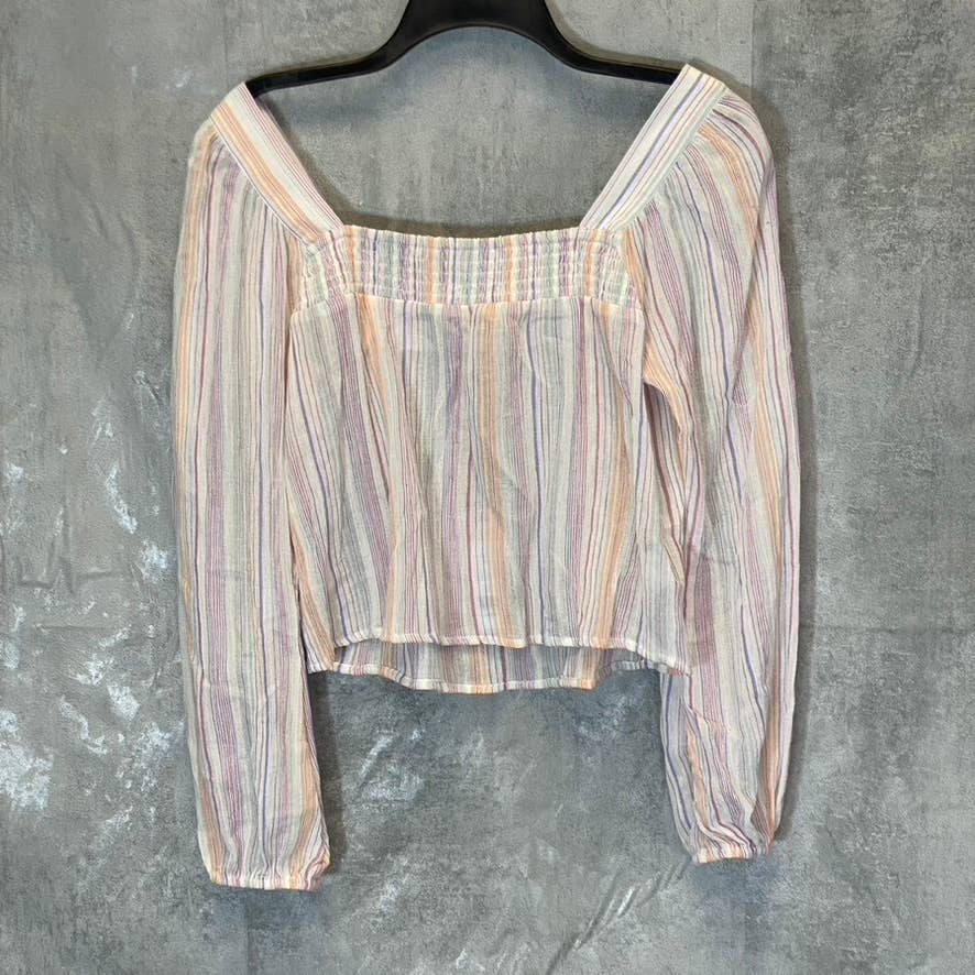 BCBGENERATION Women's Multi Square-Neck Smocked Long Sleeve Chiffon Top SZ S