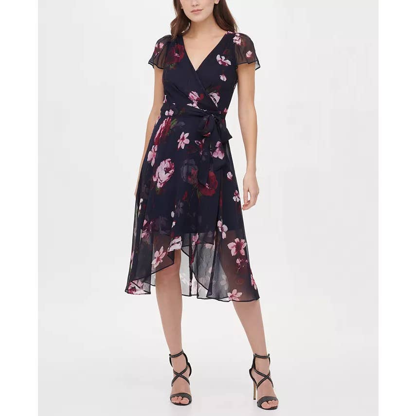 DKNY Women's Midnight Navy Flutter-Sleeve V-Neck Hi-Low Wrap Midi Dress SZ 4