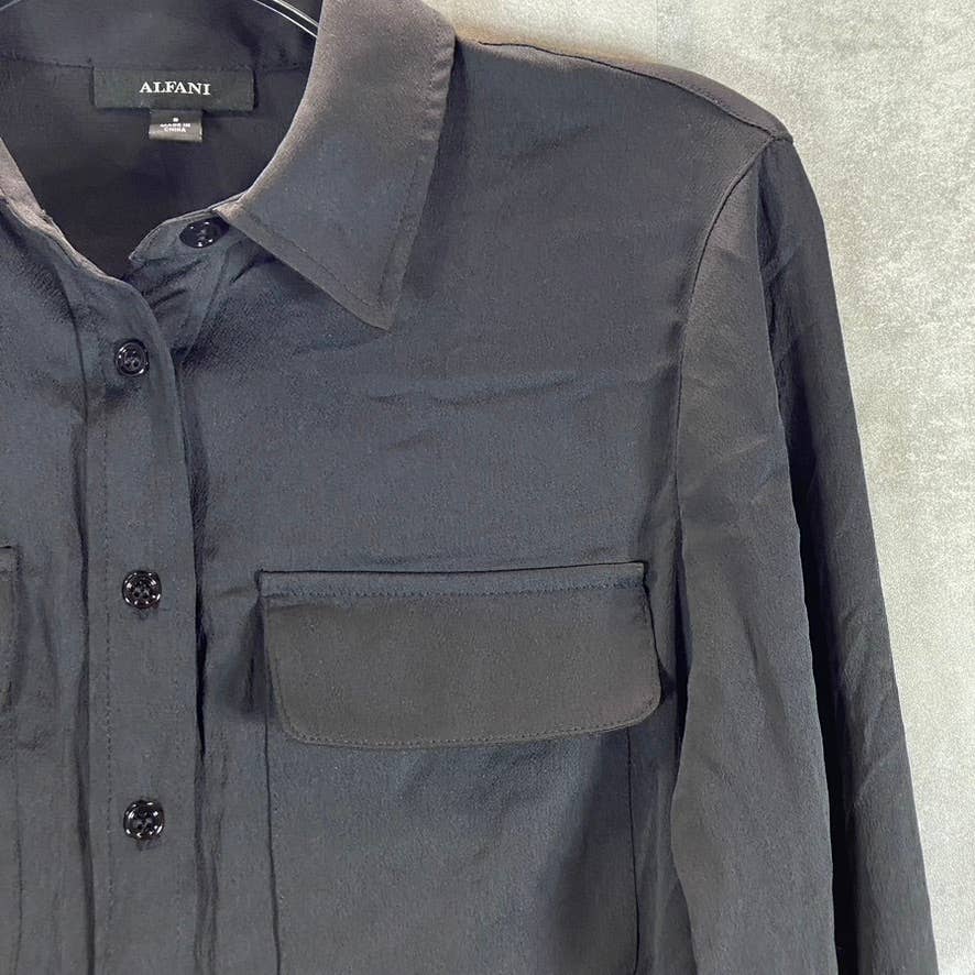 ALFANI Women's Black Button-Front Long-Sleeve Point-Collar Top SZ S