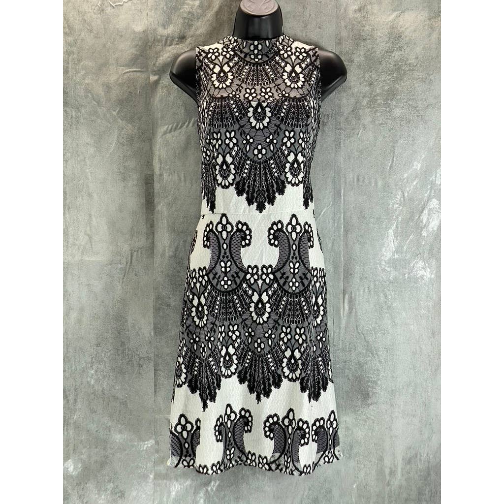 KENSIE Women's Black-White Sleeveless Halter Illusion Lace Embroidered Dress