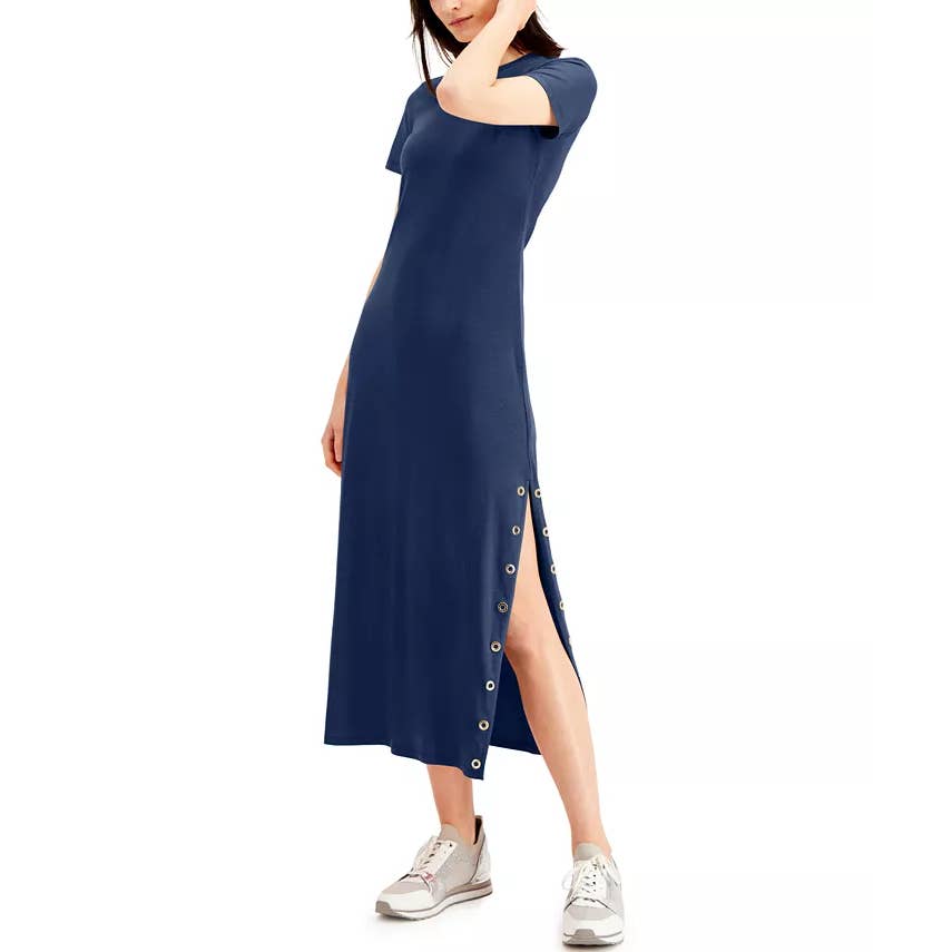 MICHAEL MICHAEL KORS Women's True Navy Crewneck Grommet-Trim Slit Maxi Gown SZ S