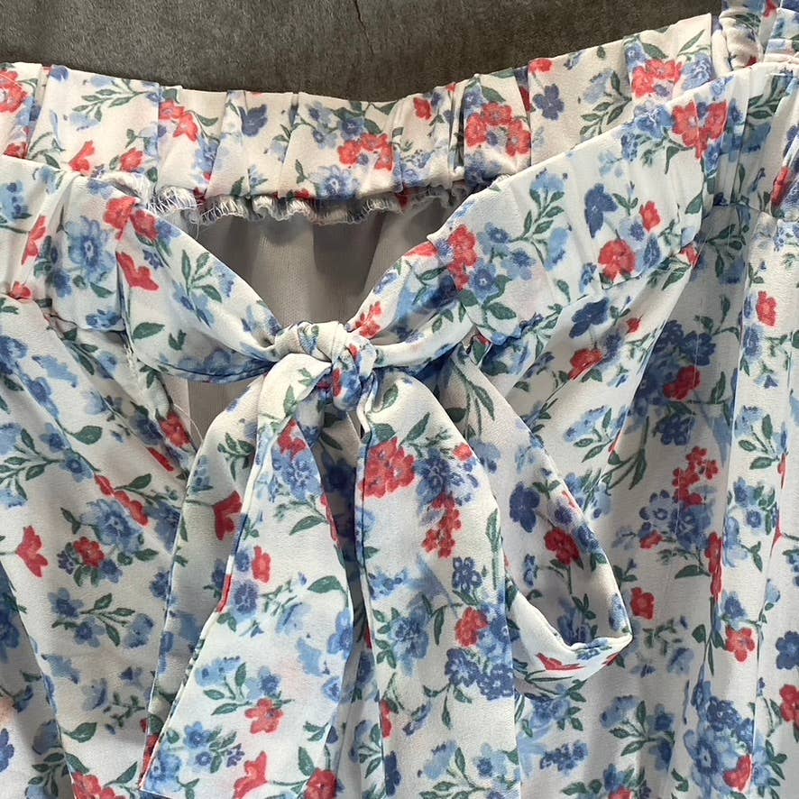 TRIXXI Women's White Floral Sleeveless Square-Neck Wait-Tie Short Romper SZ S