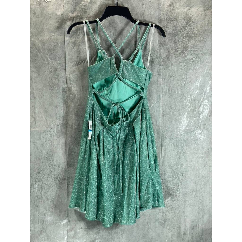 B. DARLIN Juniors' Mint Glitter Knit Sweetheart Neckline Pocketed Dress SZ 9/10