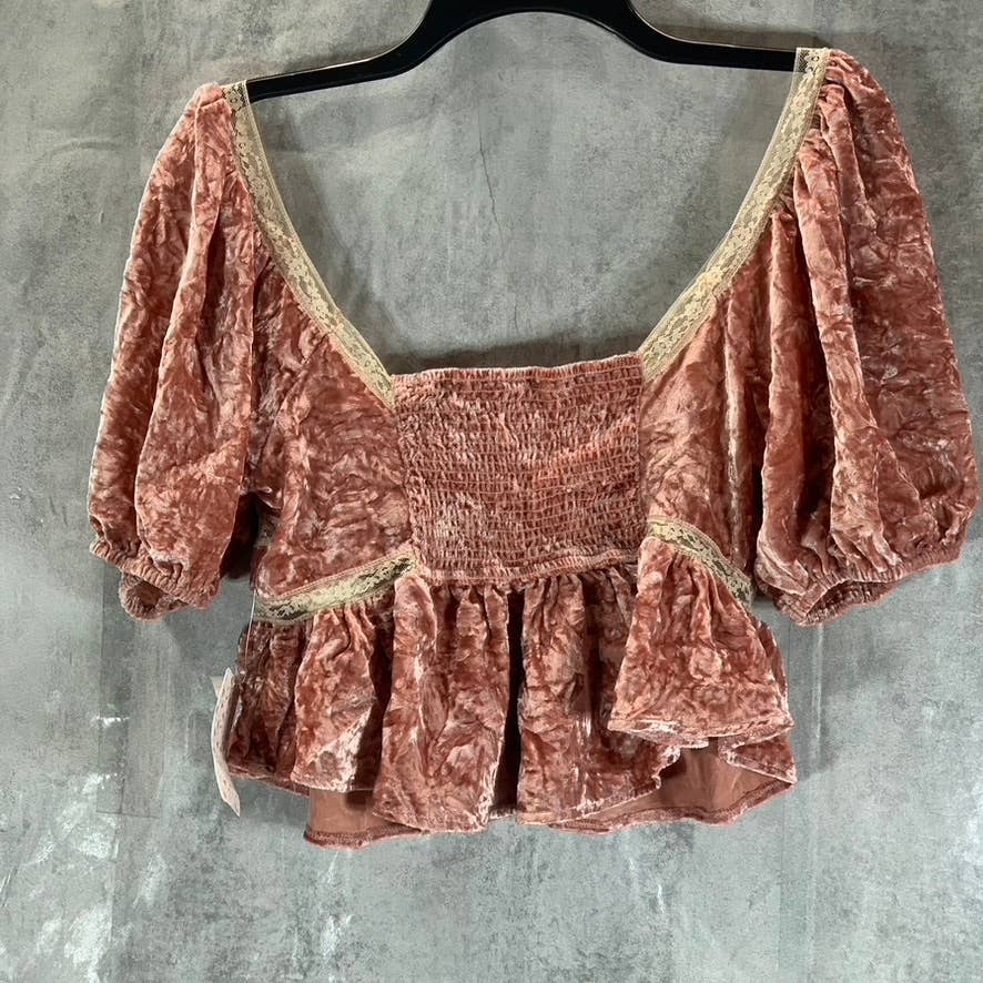 FREE PEOPLE Women's Mauve Yours Truly Twist-Front V-Neck Velvet Peplum Top SZ M