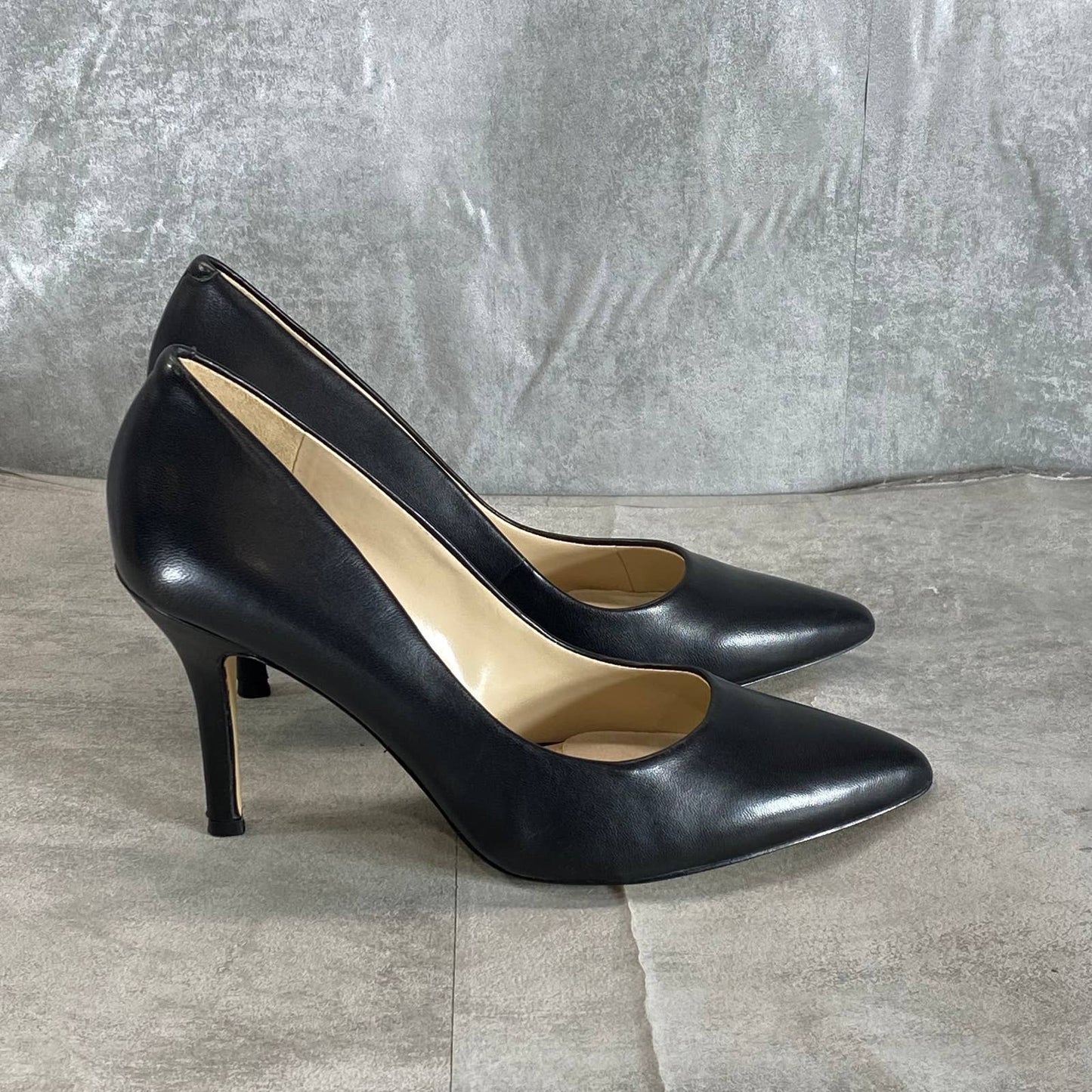 NINE WEST Women's Black Leather Flax Pointed-Toe Stiletto Dress Pumps SZ 9.5